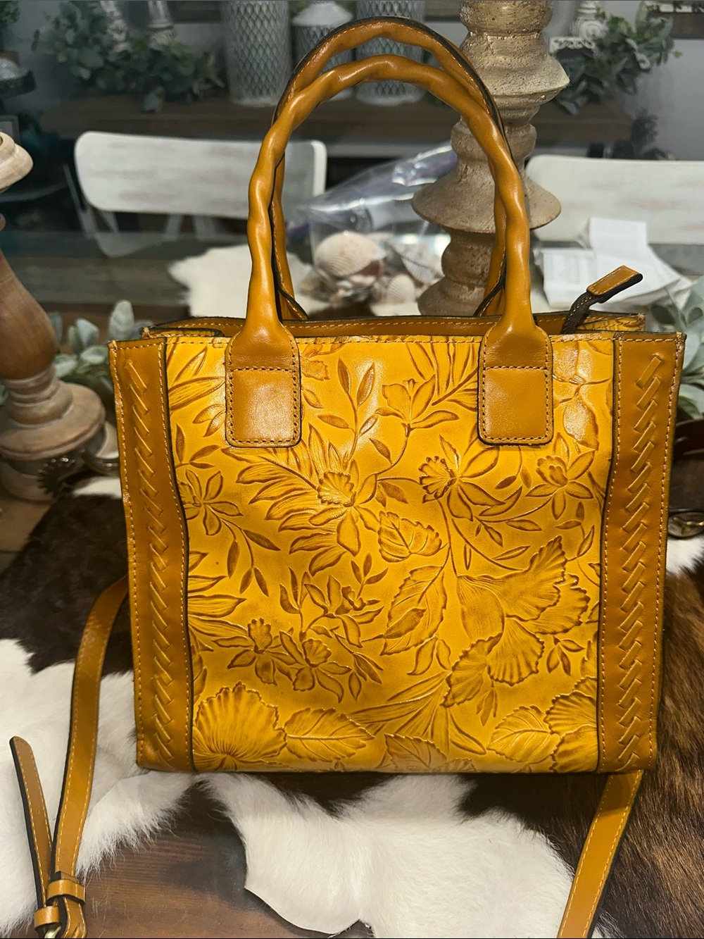 Patrica Nash  Embossed Leather Tote Bag - Mustard Yellow